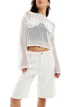 Bershka High waist bermuda denim shorts in ecru