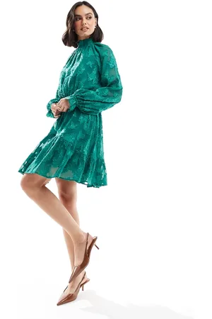 ASOS High neck big sleeve jacquard mini dress in pine green