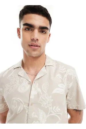 Hollister Short sleeve revere collar floral print poplin shirt boxy fit in beige