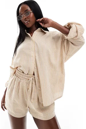 Aria Cove Oversized beach shirt co-ord in beige stripe