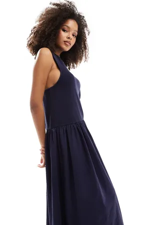 ASOS Sleeveless ribbed bodice with full hem maxi dress in washed navy