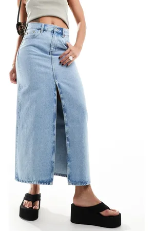 Dr Denim Myra maxi denim skirt with front split in stream light retro wash