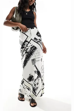 ASOS Satin bias tie waist maxi skirt in postcard print