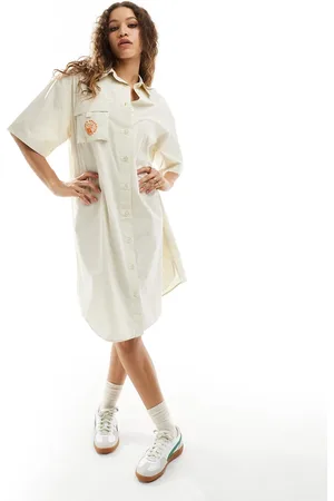 COLLUSION Cotton midi shirt dress with embroidery detail in stone