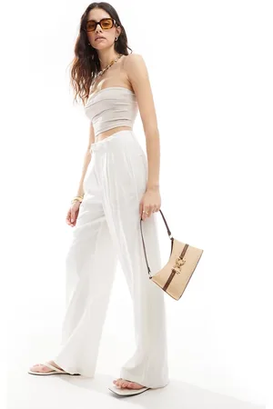 Stradivarius Ribbed fold over bandeau top in beige