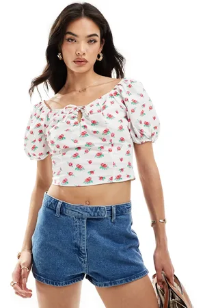 VERO MODA Sweetheart tie front blouse with puff sleeve in floral print