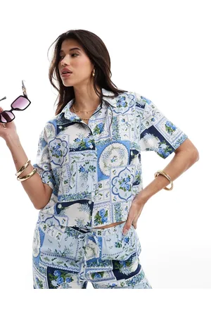 Abercrombie & Fitch Co-ord short sleeve satin shirt in tile print