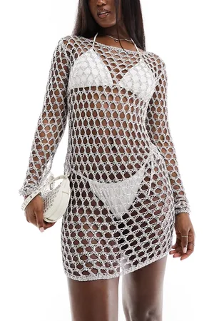 In The Style Metallic crochet long sleeve scoop back mini beach dress in