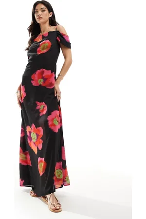 VERO MODA Off shoulder maxi slip dress in black and floral
