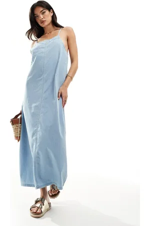 VERO MODA Square neck chambray maxi dress in light denim