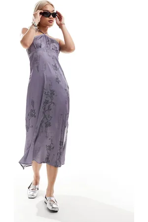 COLLUSION Halter maxi slip dress with lace trim in lilac floral