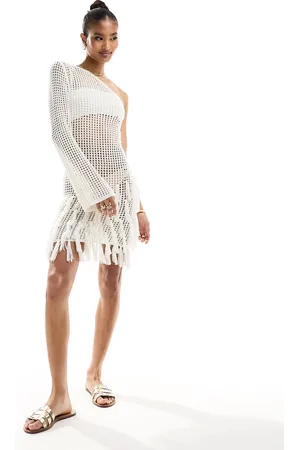 In The Style Crochet one sleeve fringe detail mini dress in cream