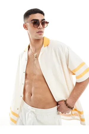 ASOS Short sleeve oversized linen blend revere shirt with panelling in ecru and yellow