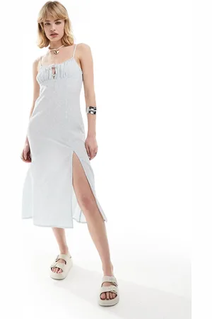 Monki Strappy midi dress with split in blue ditsy print