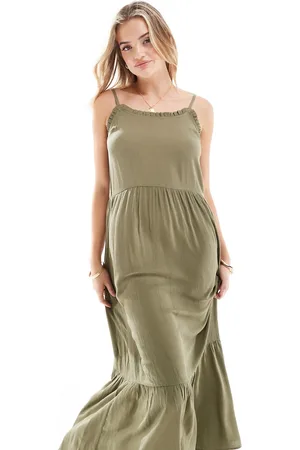 Miss Selfridge Cheesecloth tiered maxi sundress in khaki