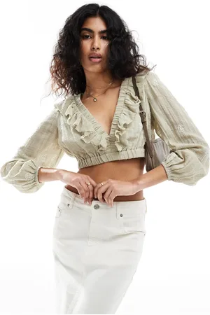Stradivarius Embroidery blouse with lace up back detail in khaki