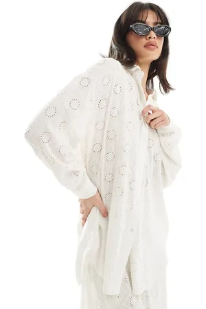 Iisla & Bird Broderie panel detail long sleeve beach shirt co-ord in cream