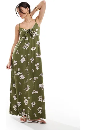 JDY Tie front maxi dress in khaki floral