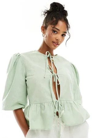 ASOS Linen blend tie front peplum tie front blouse in
