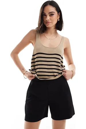 ONLY Crop knitted top in beige & black stripe
