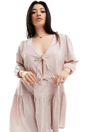 Esmée Esmee Exclusive Curve linen mix long sleeve tiered mini tie front beach dress oat