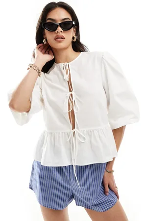 ASOS Linen blend tie front peplum tie front blouse in ivory