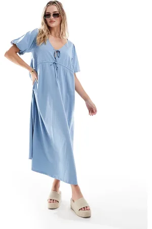 ASOS Puff sleeve with tie up bodice midi dress in blue