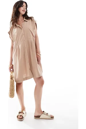 ASOS Double cloth sleeveless smock shirt dress in stone