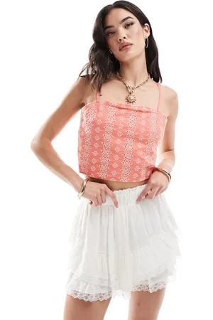 Pieces® Broderie tie back crop cami top in coral