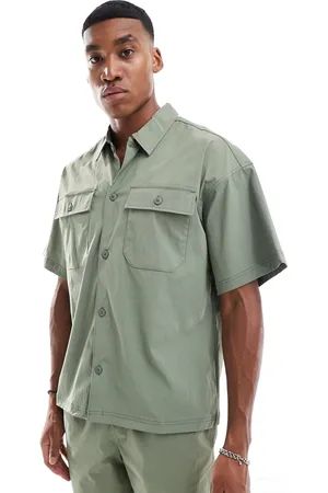 JACK & JONES Co-ord oversized nylon utility pocket shirt in khaki