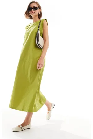 ASOS Cotton shapeless midi dress with shoulder pads in olive