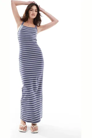 ASOS Ribbed strappy square neck midaxi dress in charcoal and white stripe