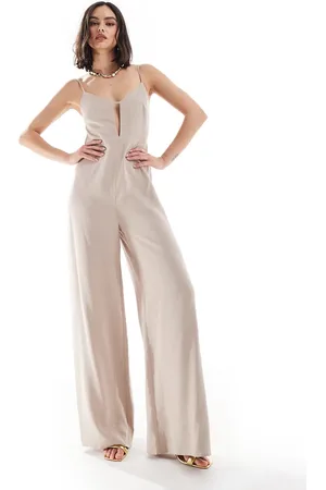 ASOS Strappy cut out structured straight leg jumpsuit in taupe