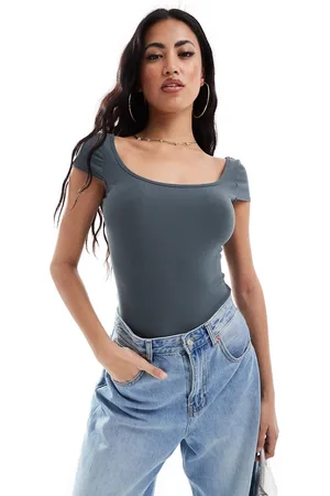 Fashionkilla Super-soft cap sleeve square neck bodysuit in charcoal