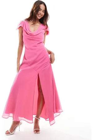 ASOS Chiffon cowl neck midi dress with puff sleeves and asymmetric hem in hot
