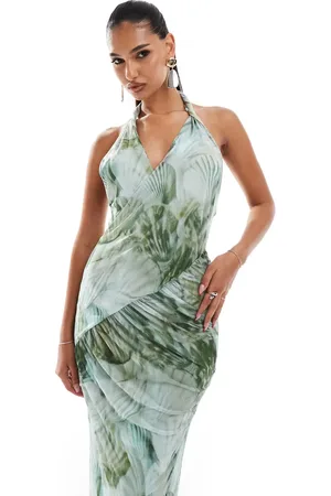 ASOS Mesh twist halter maxi dress with drape bodice in tonal green shell print