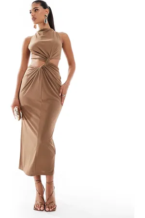 ASOS Slinky knot detail cut out midi dress in mocha