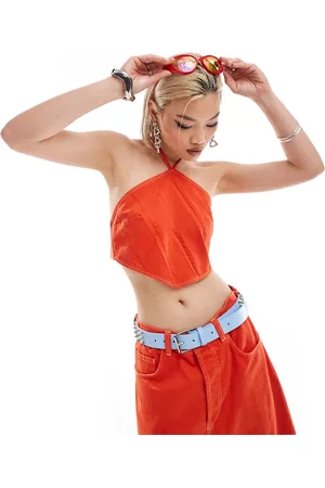 COLLUSION Co-ord denim halter top with contrast stitch in