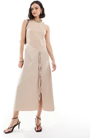 ASOS Hybrid midi dress with overlay and tie detail in stone
