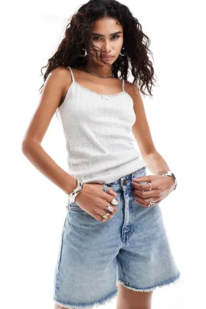 Monki Strappy pointelle vest top with lace trim in light melange