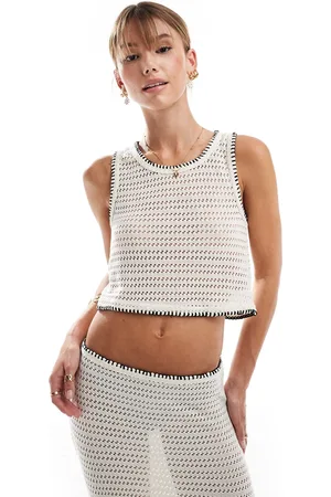VERO MODA Crochet cropped top co-ord with whipstitch detail in cream
