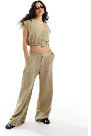 Pull&Bear Wide leg linen trouser co-ord with raw hem in light khaki