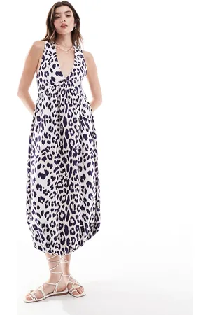 ASOS Puff ball midi smock dress with v-neck in leopard print