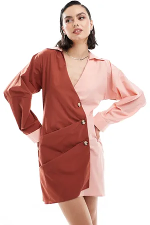 ASOS Asymmetric half wrap shirt with front button detail in pink and rust