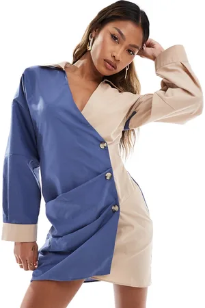 ASOS Asymmetric half wrap shirt with front button detail in tan and navy