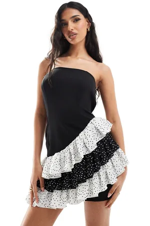 In The Style Exclusive bandeau dress with contrast asymmetric polka dot trim in