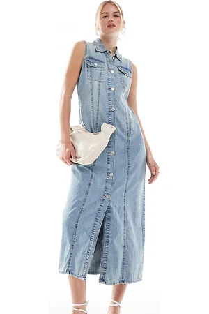 VERO MODA Button front sleeveless maxi dress in vintage denim