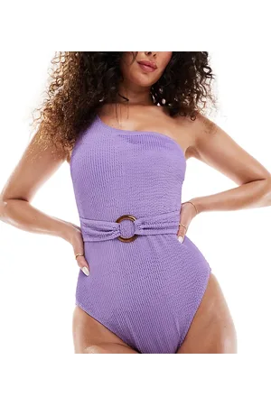 In The Style Exclusive crinkle one shoulder ring belt detail swimsuit in