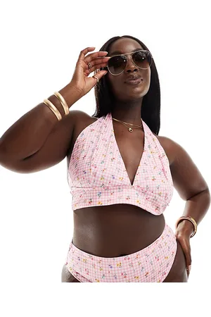 ASOS Curve Angie high apex halter triangle bikini top in gingham floral