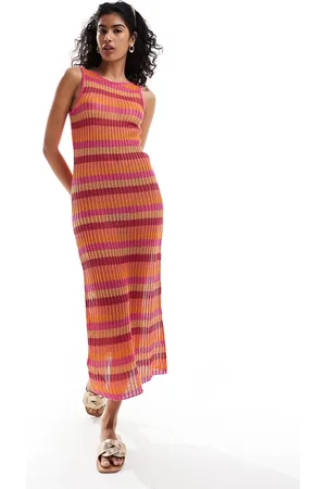 MANGO Crochet stripe midi dress in pink and